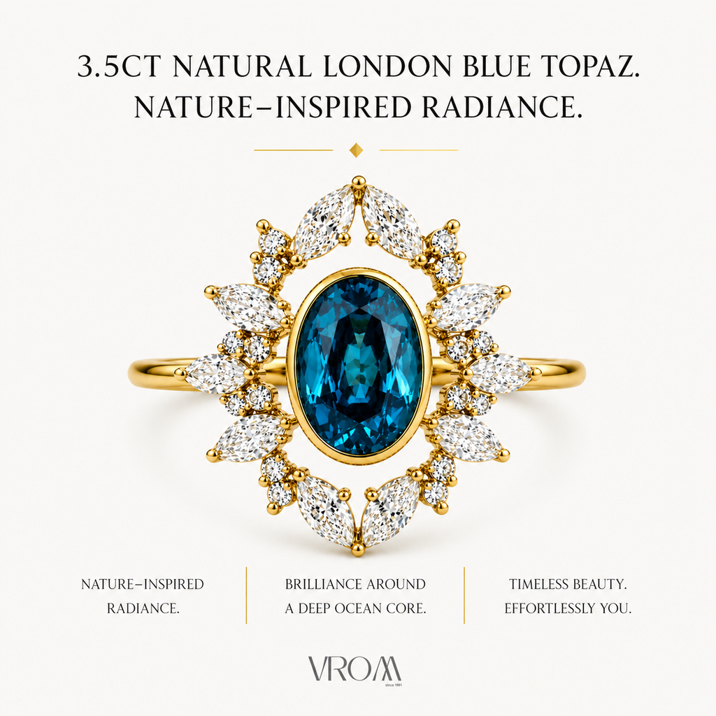 London Blue Topaz Nature Inspired Ring | 3.5 CT Oval Gemstone | Marquise & Round Diamond Halo | Vintage Floral Ring | 14K Gold