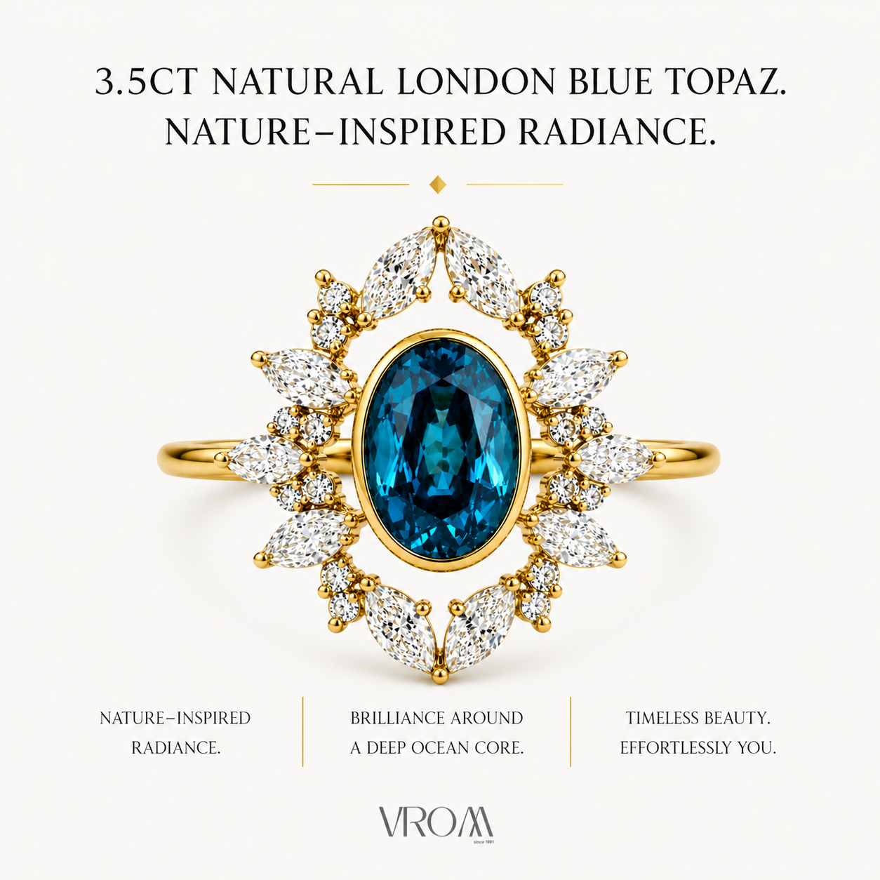 London Blue Topaz Nature Inspired Ring | 3.5 CT Oval Gemstone | Marquise & Round Diamond Halo | Vintage Floral Ring | 14K Gold