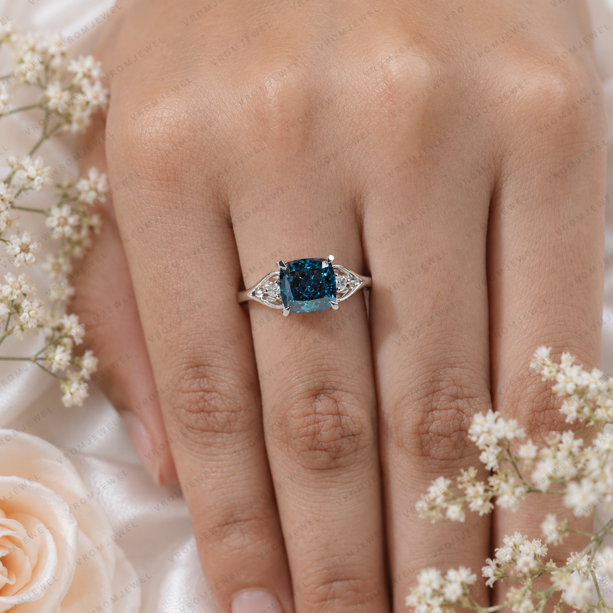 Blue Cushion Cut Lab Grown Diamond Ring, 3 Carat Blue Diamond Engagement Ring, Round Diamond Accents, Unique Statement Ring, 10K 14K 18KGold