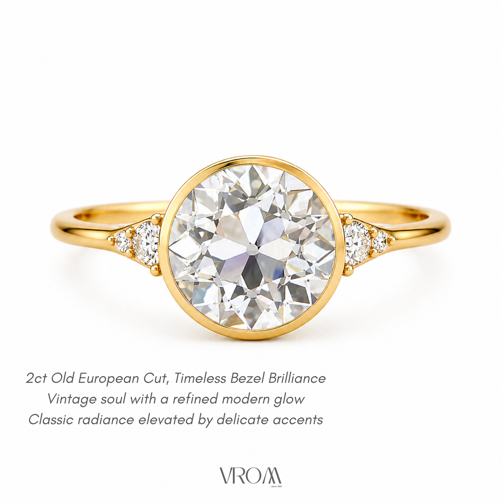 Old European Cut Lab Grown Diamond Ring | 2 CT | Vintage Style with Side Accents | Bezel Engagement Ring | 14K Gold