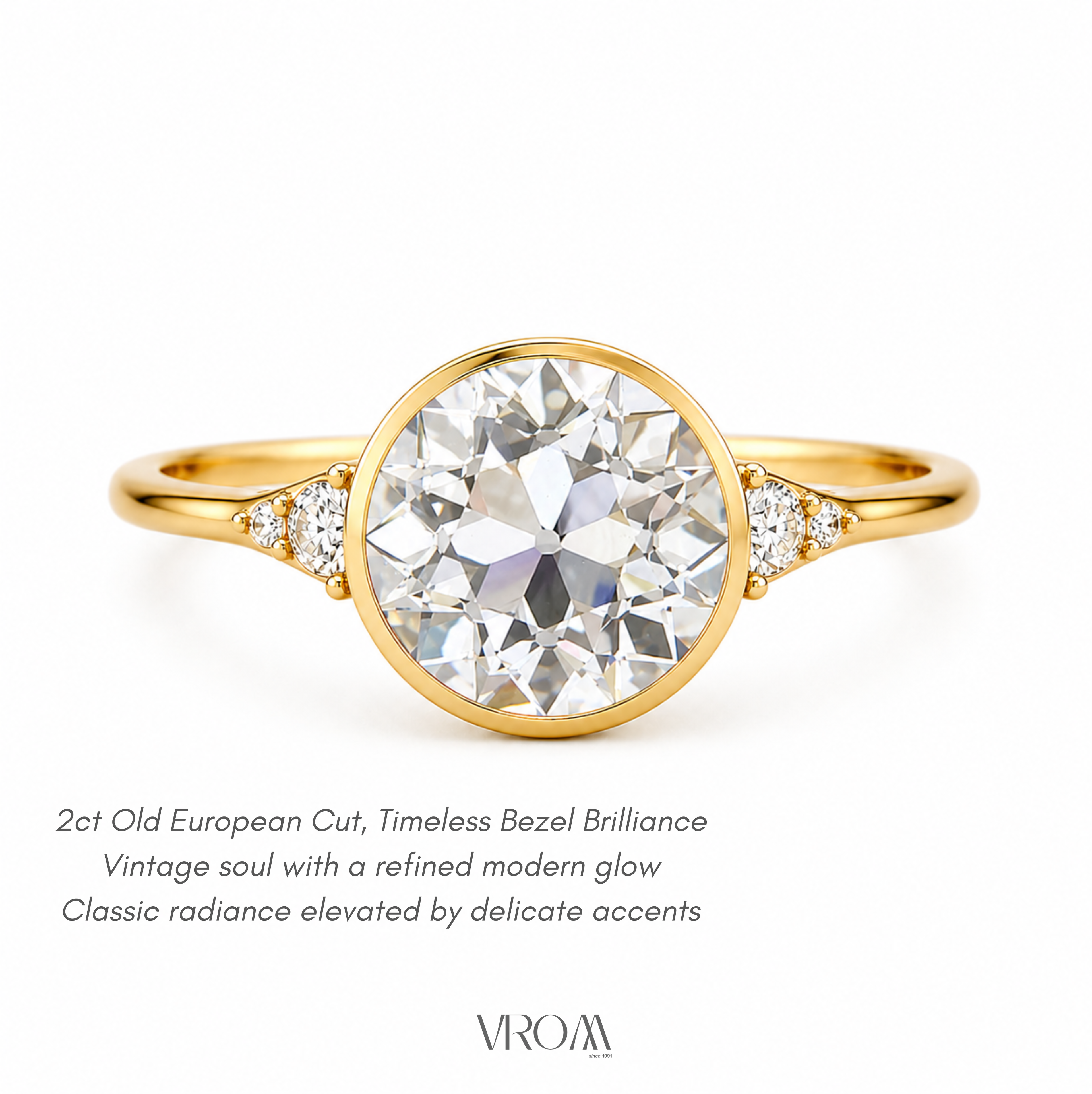 Old European Cut Lab Grown Diamond Ring | 2 CT | Vintage Style with Side Accents | Bezel Engagement Ring | 14K Gold