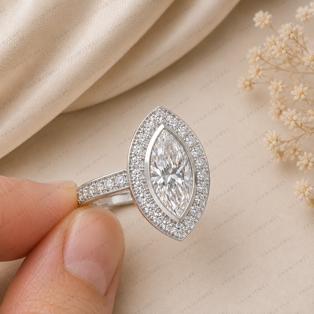 Elegant Marquise Lab Grown Diamond Bezel Set Halo Engagement Ring