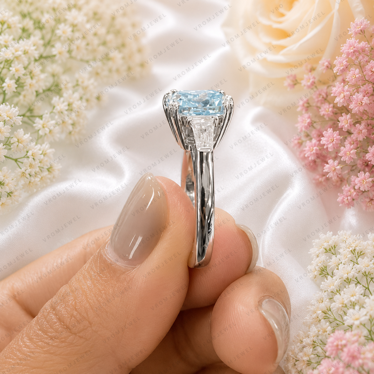 Blue Cushion Cut Lab Grown Diamond Ring, 3 Carat Blue Diamond Engagement Ring, Baguette Side Stones, Statement Ring, Pavé Band, 10K 14K 18K