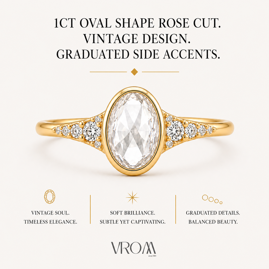 Oval Rose Cut Lab Grown Diamond Ring | 1 CT | Bezel Setting | Graduated Side Accents | Art Deco Vintage Engagement Ring | 14K Gold