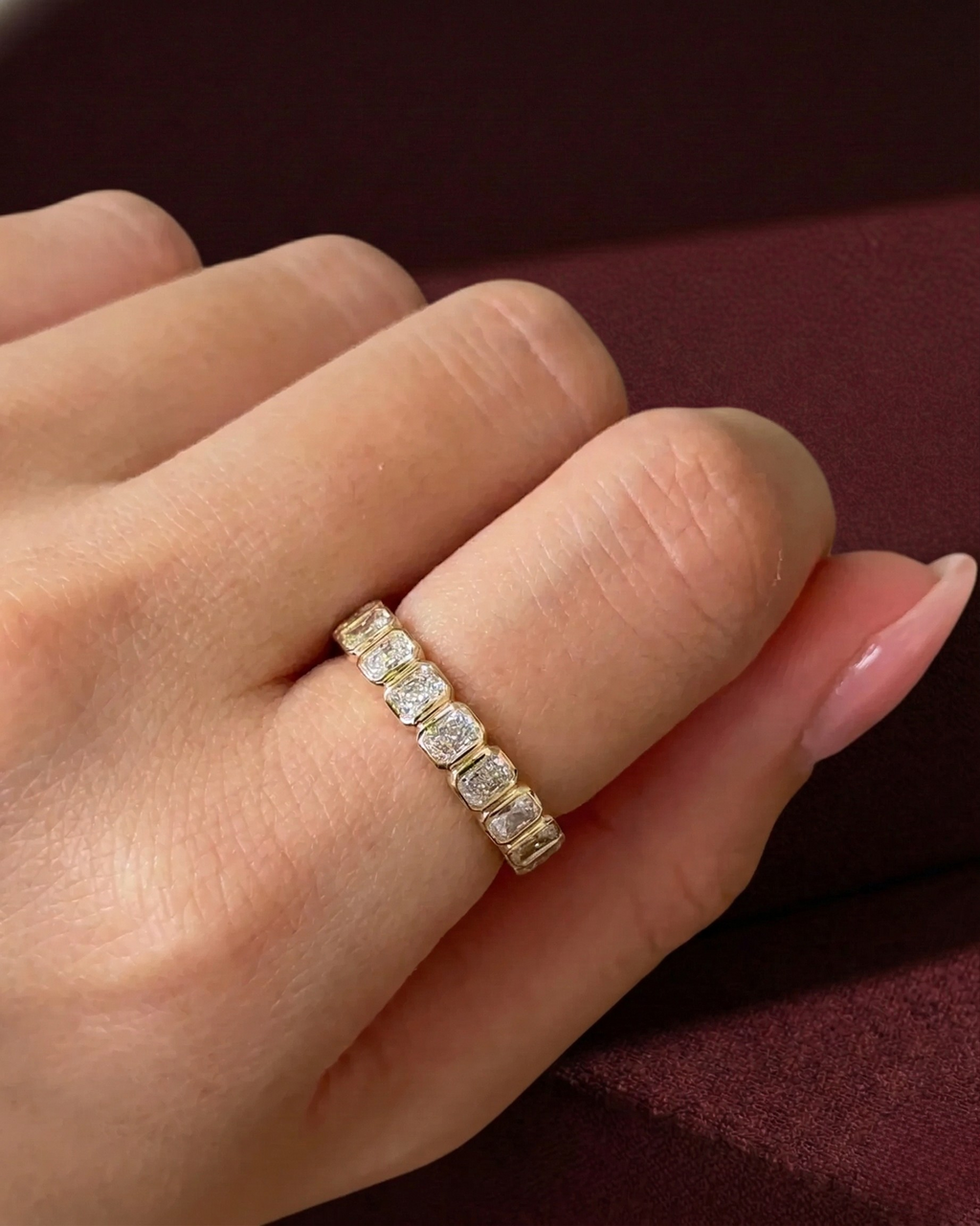 Radiant Diamond Half Eternity Band, Bezel Set Radiant Cut Diamond Wedding Band, Radiant Diamond Anniversary Ring, Stackable Diamond Band.