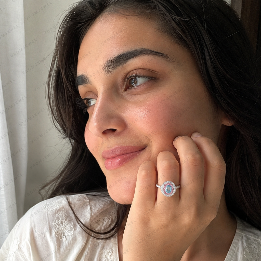 Blue Oval Lab Grown Diamond Ring, 1.30 Carat Blue Diamond Engagement Ring, Pink Round & F Color Marquise Accents, Floral Halo Ring