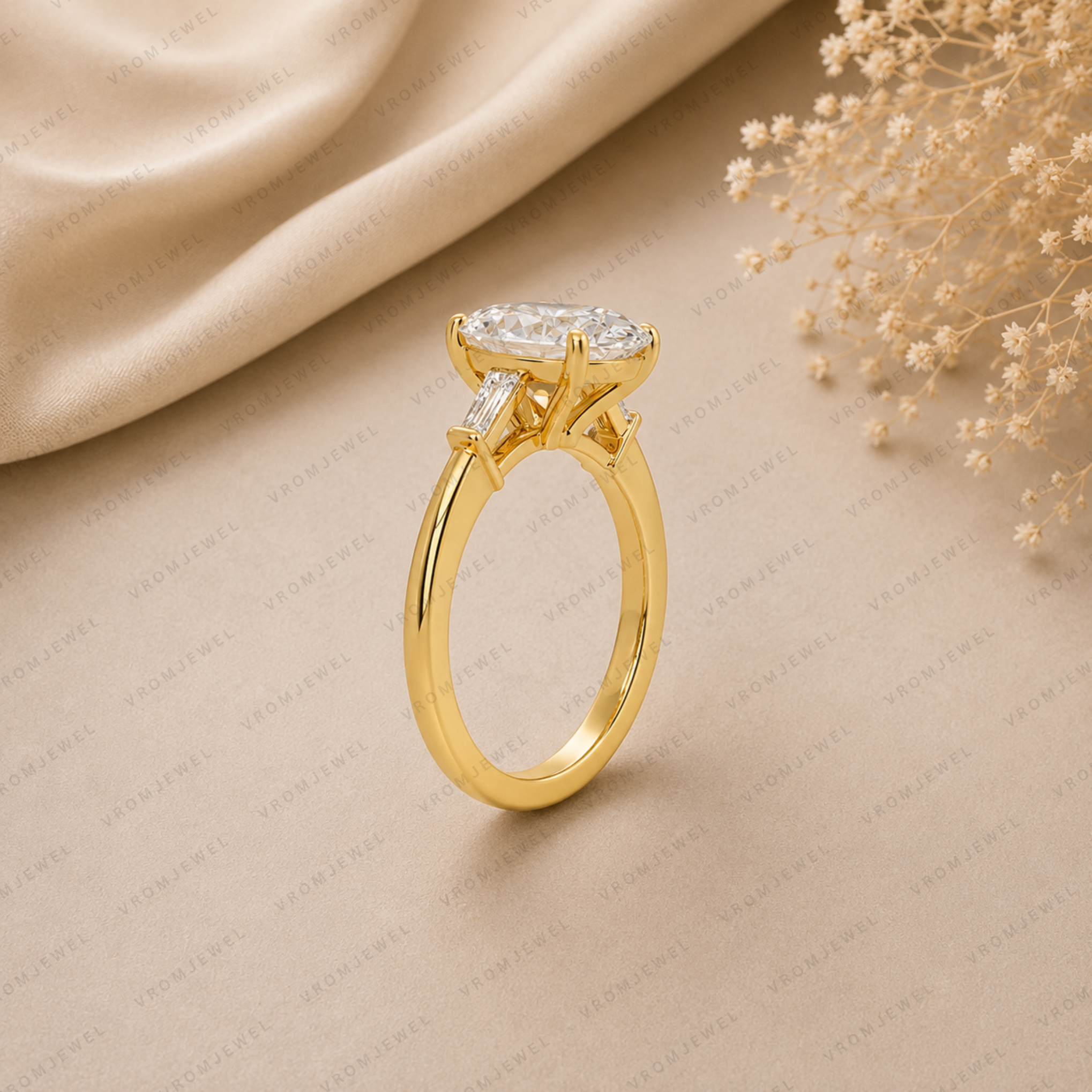 Oval Engagement Ring | Lab Grown Diamond | Tapered Baguette Side Stones | 14K Yellow Gold