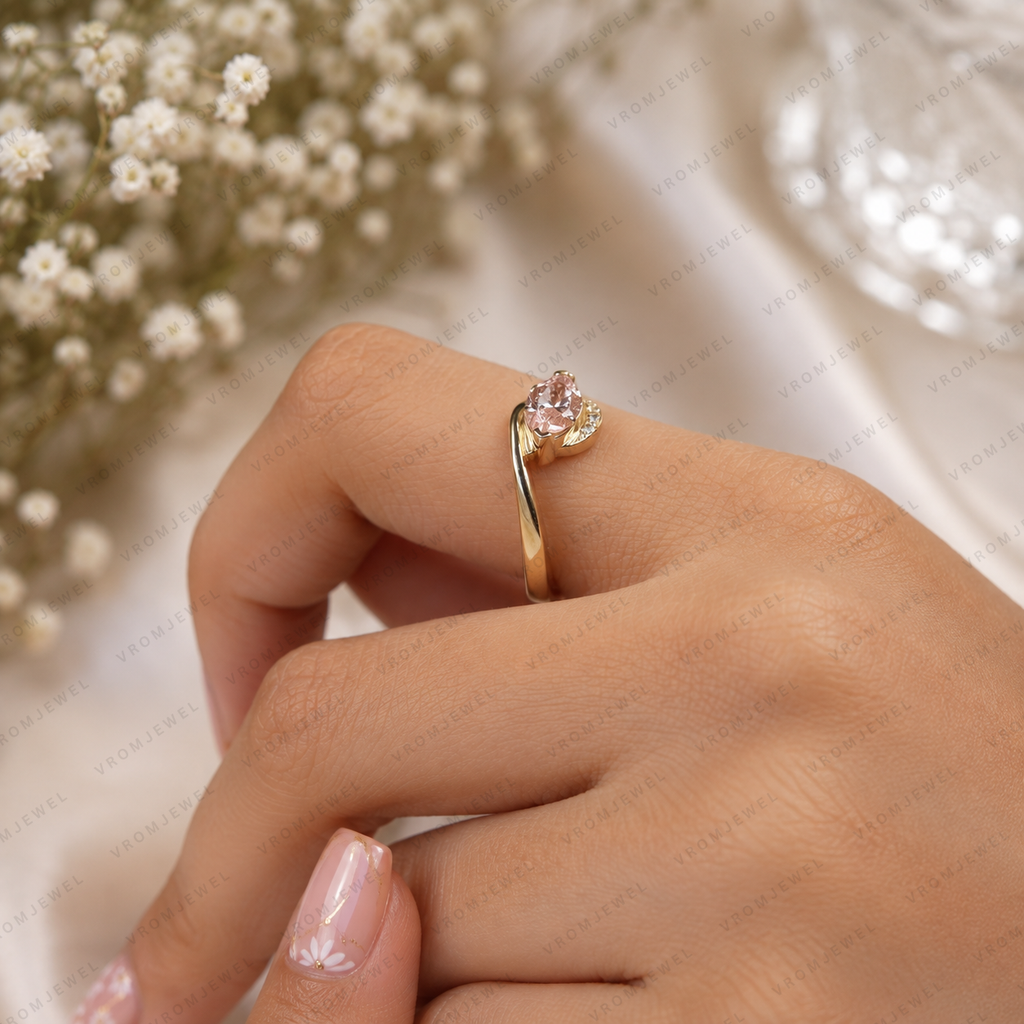 Pink Marquise Lab Grown Diamond Engagement Ring, Minimalist Crossover Ring, Pavé Diamond Band, Dainty Wedding Ring, 10K 14K 18K Gold