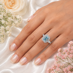 Blue Radiant Cut Lab Grown Diamond Ring, 2 Carat Blue Diamond Engagement Ring, Halo Ring, Baguette Side Stones, Statement Ring, 10K 14K 18K