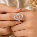 Pink Pear Shape Lab Grown Diamond Engagement Ring, Floral Halo Diamond Ring, Pink Diamond Ring, Pavé Band, 10K 14K 18K Gold