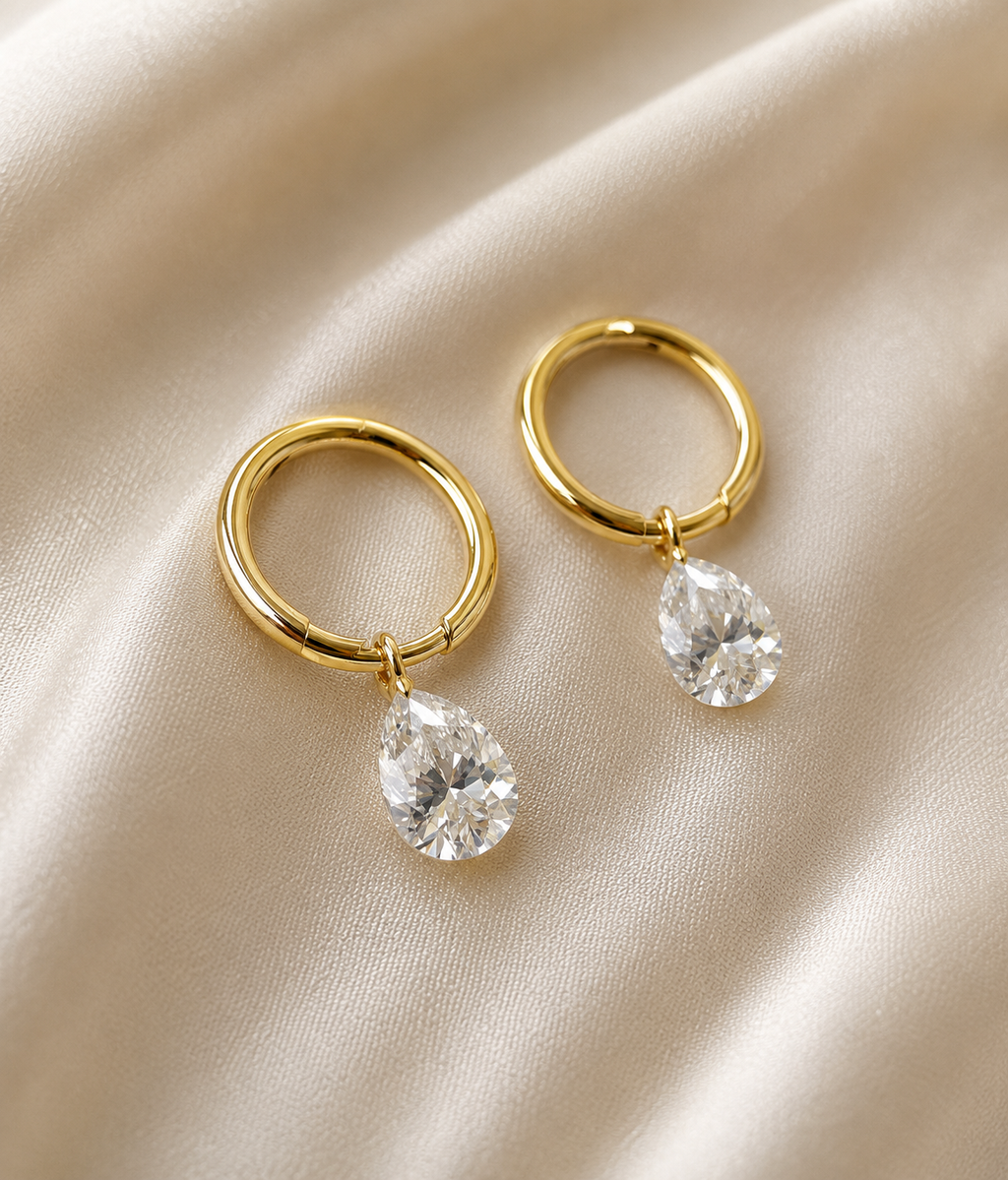 Drilled Pear Lab Grown Diamond Dangle Earrings, Pear Drop Earrings, Floating Diamond Earrings, Solid Gold Huggie Hoops, Minimalist Earrings