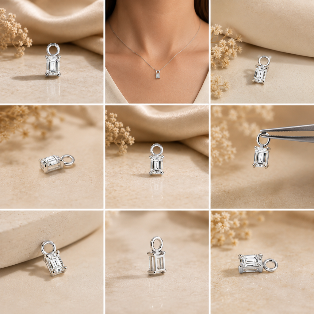 Dainty Lab Diamond Emerald Charm Earrings: 14k Gold Bridal Jewelry