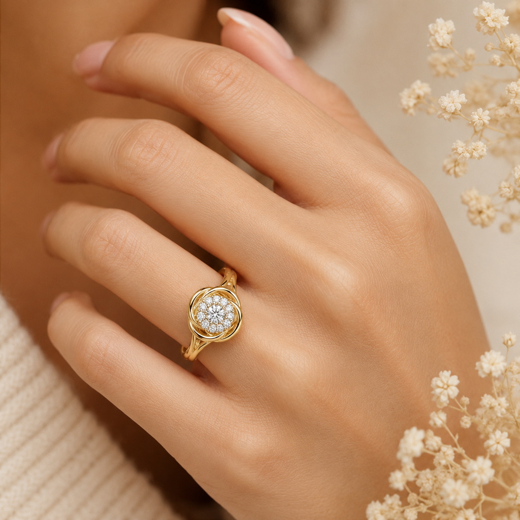 Dainty Round Shape Lab Grown Diamond Halo Ring in Solid 14K Gold Wire Band