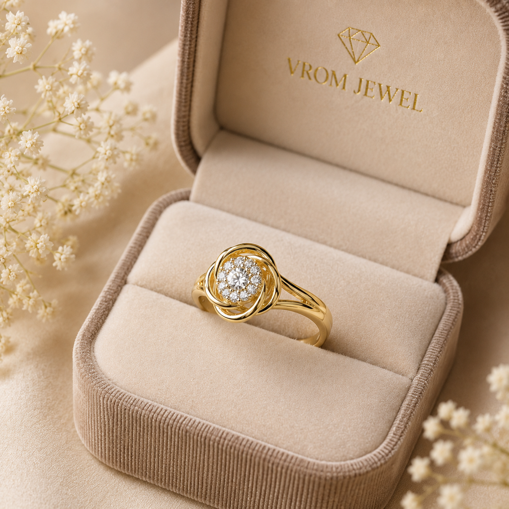 Dainty Round Shape Lab Grown Diamond Halo Ring in Solid 14K Gold Wire Band