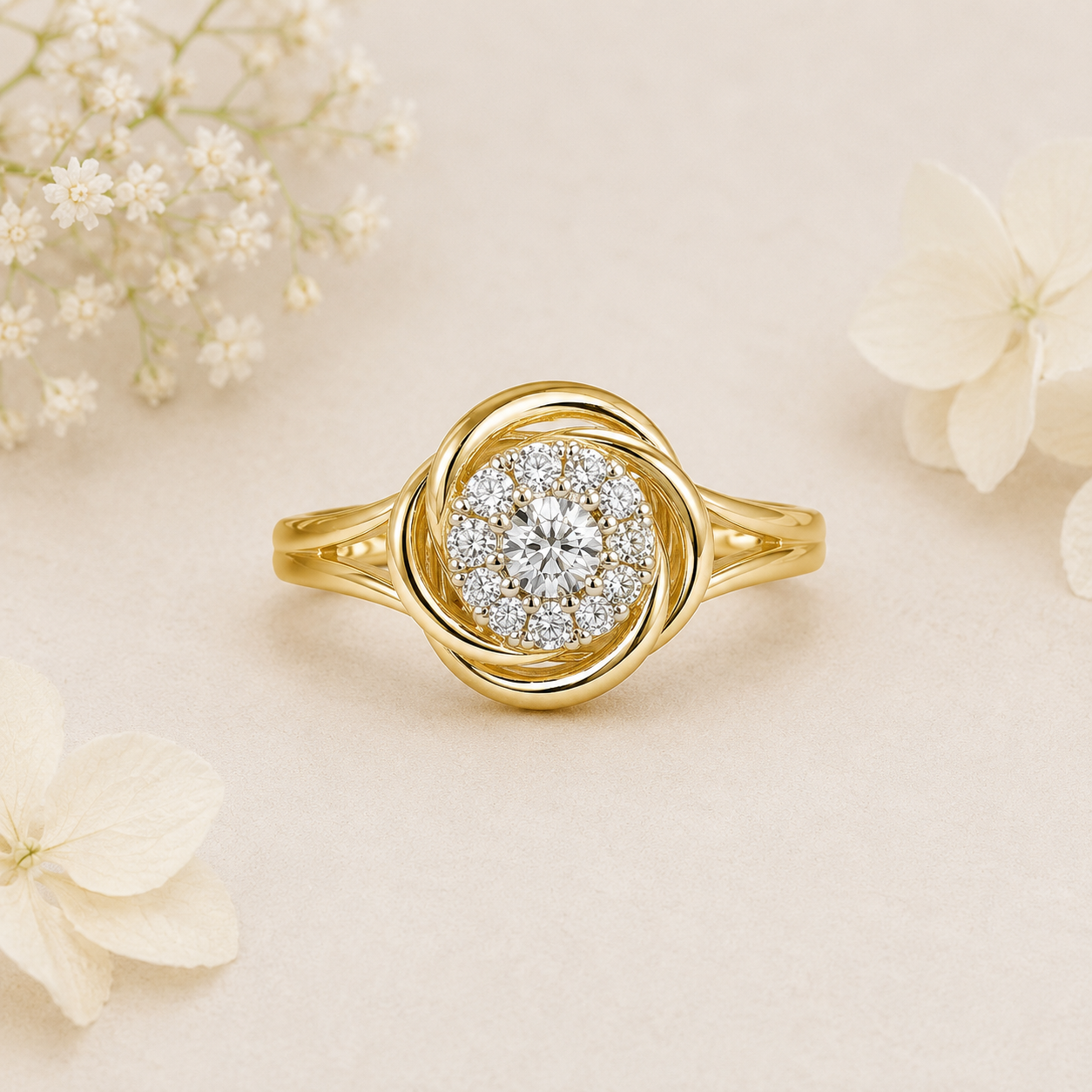 Dainty Round Shape Lab Grown Diamond Halo Ring in Solid 14K Gold Wire Band
