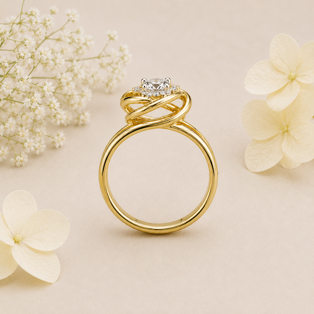 Dainty Round Shape Lab Grown Diamond Halo Ring in Solid 14K Gold Wire Band