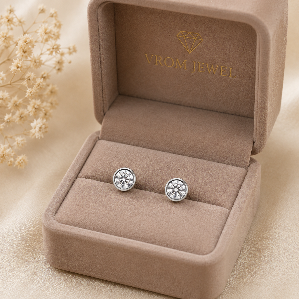 Round Lab Grown Diamond Bezel Set Solitaire Stud Earrings in Solid 14K Gold