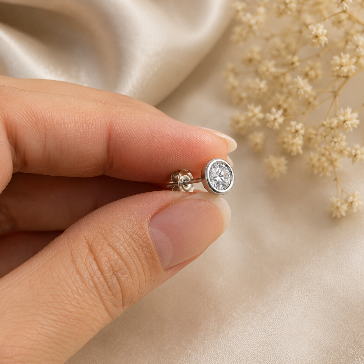 Round Lab Grown Diamond Bezel Set Solitaire Stud Earrings in Solid 14K Gold