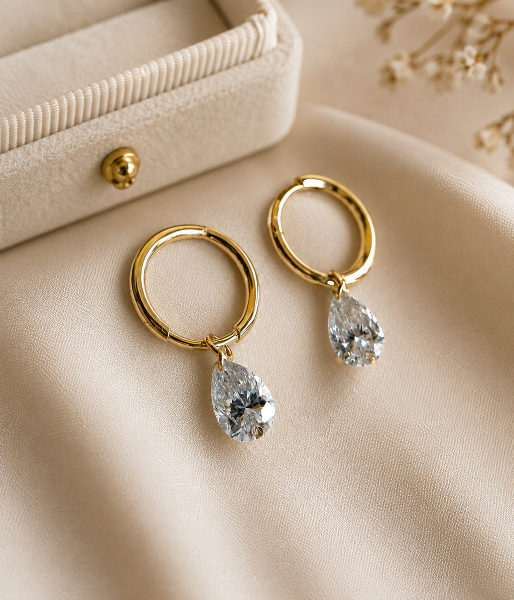 Drilled Pear Lab Grown Diamond Dangle Earrings, Pear Drop Earrings, Floating Diamond Earrings, Solid Gold Huggie Hoops, Minimalist Earrings