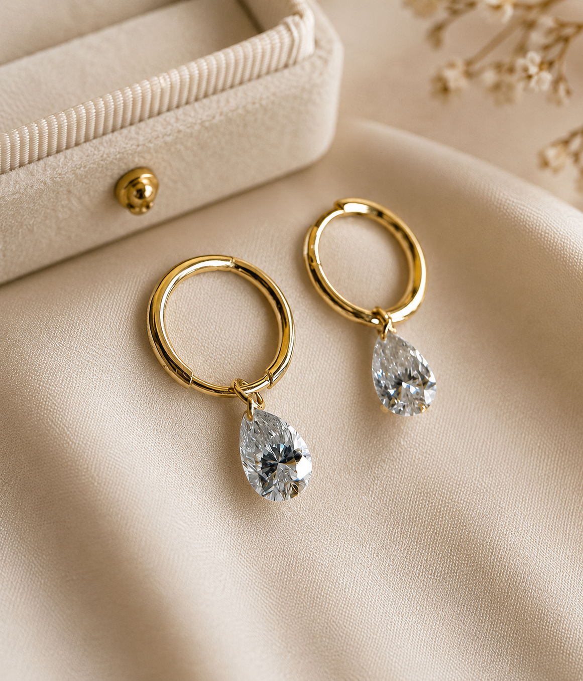 Drilled Pear Lab Grown Diamond Dangle Earrings, Pear Drop Earrings, Floating Diamond Earrings, Solid Gold Huggie Hoops, Minimalist Earrings