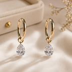 Drilled Pear Lab Grown Diamond Dangle Earrings, Pear Drop Earrings, Floating Diamond Earrings, Solid Gold Huggie Hoops, Minimalist Earrings