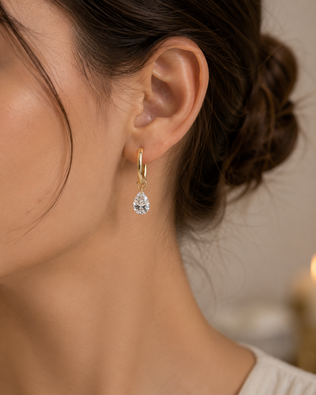 Drilled Pear Lab Grown Diamond Dangle Earrings, Pear Drop Earrings, Floating Diamond Earrings, Solid Gold Huggie Hoops, Minimalist Earrings