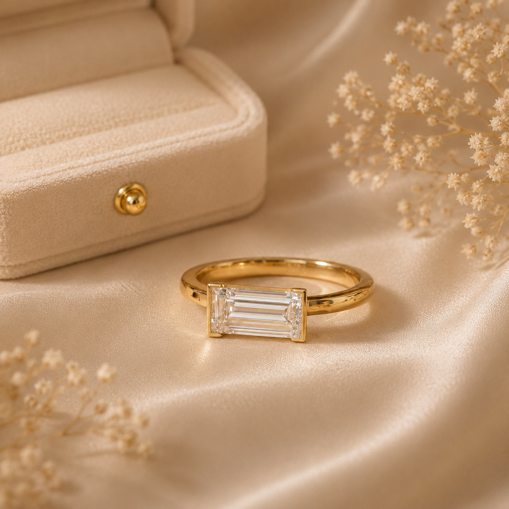 East West Baguette Diamond Ring, Baguette Lab Grown Diamond Ring, Minimalist Engagement Ring, Solitaire Diamond Ring, Modern Gold Ring