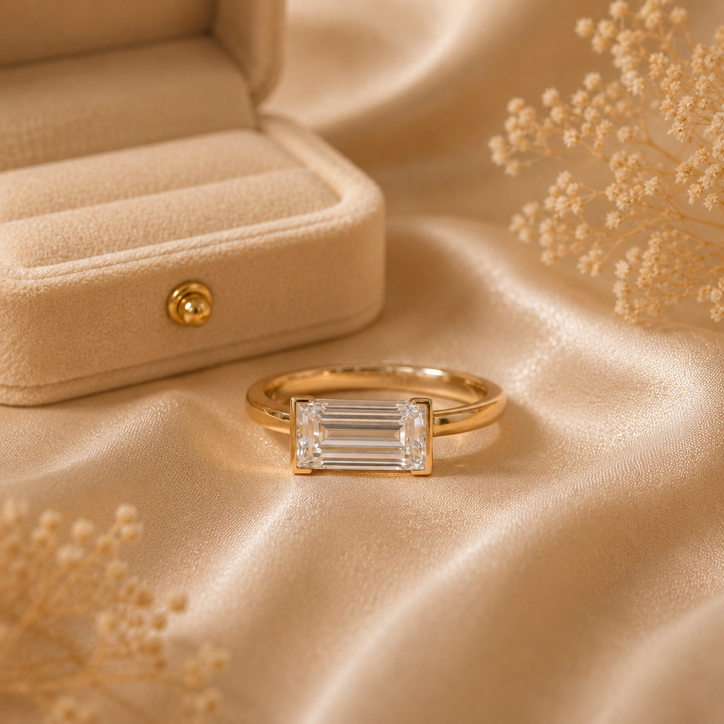 East West Baguette Diamond Ring, Baguette Lab Grown Diamond Ring, Minimalist Engagement Ring, Solitaire Diamond Ring, Modern Gold Ring