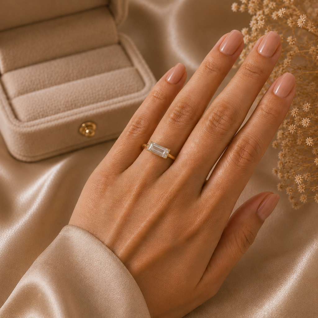 East West Baguette Diamond Ring, Baguette Lab Grown Diamond Ring, Minimalist Engagement Ring, Solitaire Diamond Ring, Modern Gold Ring