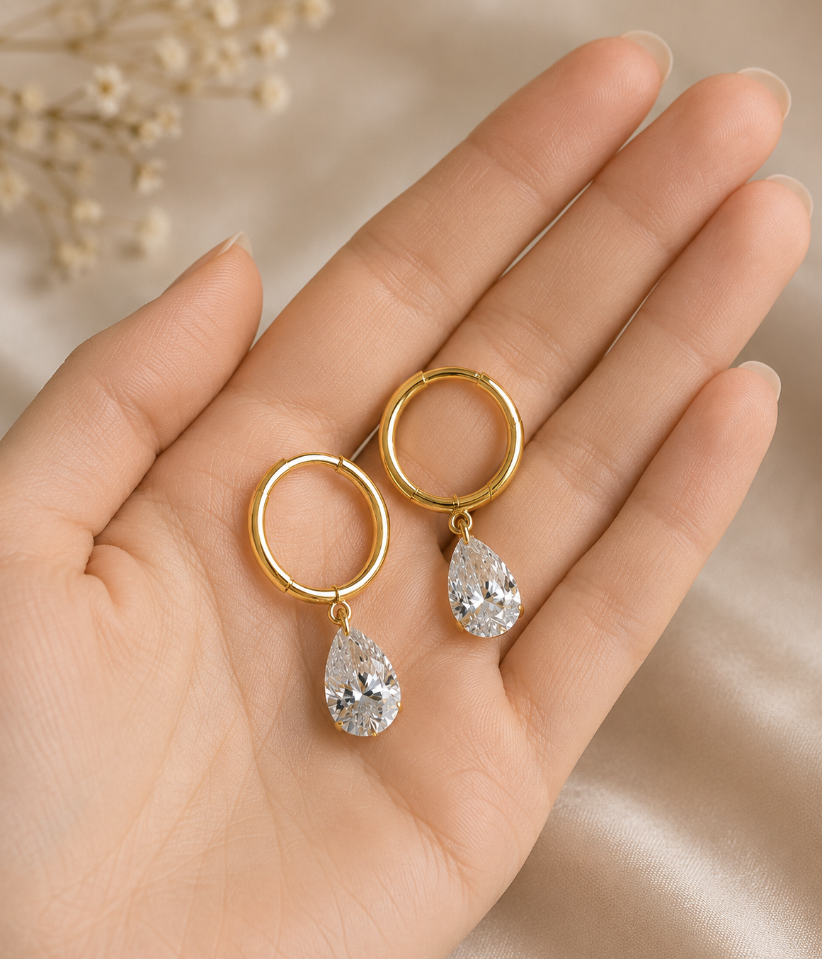 Drilled Pear Lab Grown Diamond Dangle Earrings, Pear Drop Earrings, Floating Diamond Earrings, Solid Gold Huggie Hoops, Minimalist Earrings