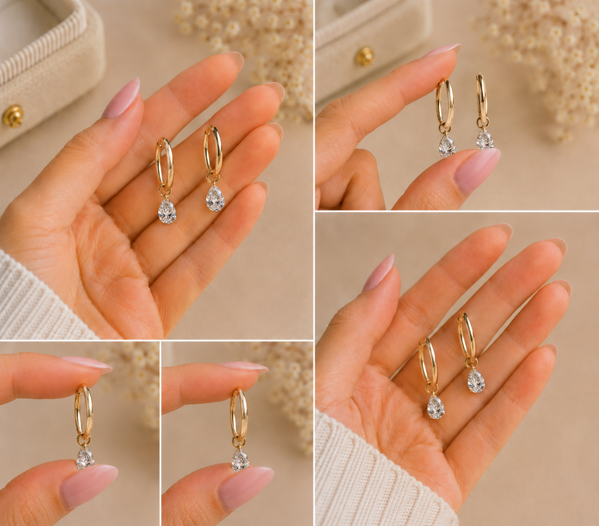 Drilled Pear Lab Grown Diamond Dangle Earrings, Pear Drop Earrings, Floating Diamond Earrings, Solid Gold Huggie Hoops, Minimalist Earrings