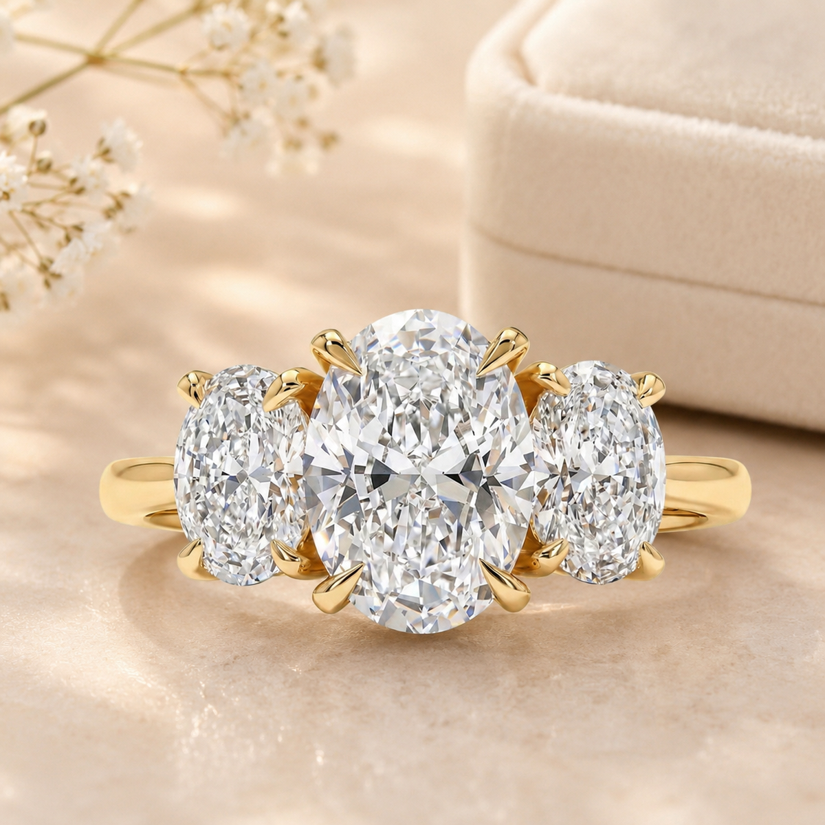 Oval Diamond Three Stone Ring, Oval Lab Grown Diamond Ring, Oval Engagement Ring, Gold Diamond Ring, Statement Bridal Ring