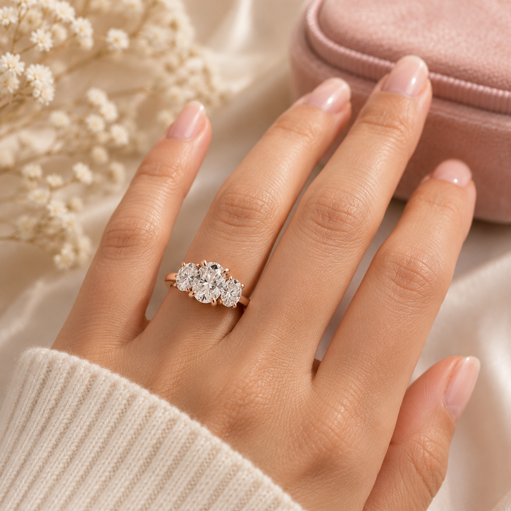 Oval Diamond Three Stone Ring, Oval Lab Grown Diamond Ring, Oval Engagement Ring, Gold Diamond Ring, Statement Bridal Ring