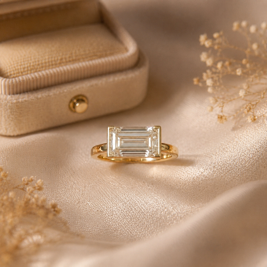 East West Baguette Diamond Ring, Baguette Lab Grown Diamond Ring, Minimalist Engagement Ring, Solitaire Diamond Ring, Modern Gold Ring