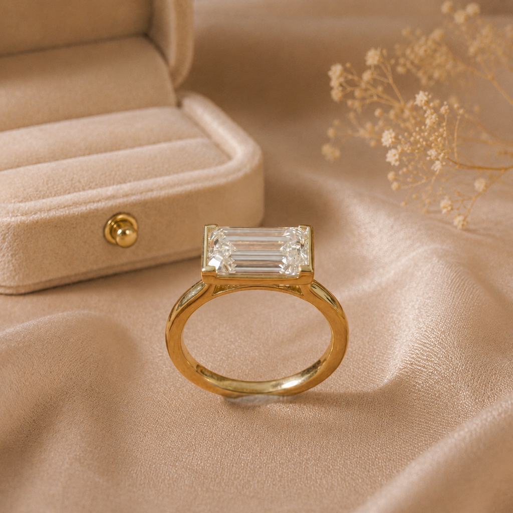 East West Baguette Diamond Ring, Baguette Lab Grown Diamond Ring, Minimalist Engagement Ring, Solitaire Diamond Ring, Modern Gold Ring