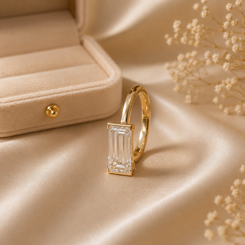 East West Baguette Diamond Ring, Baguette Lab Grown Diamond Ring, Minimalist Engagement Ring, Solitaire Diamond Ring, Modern Gold Ring