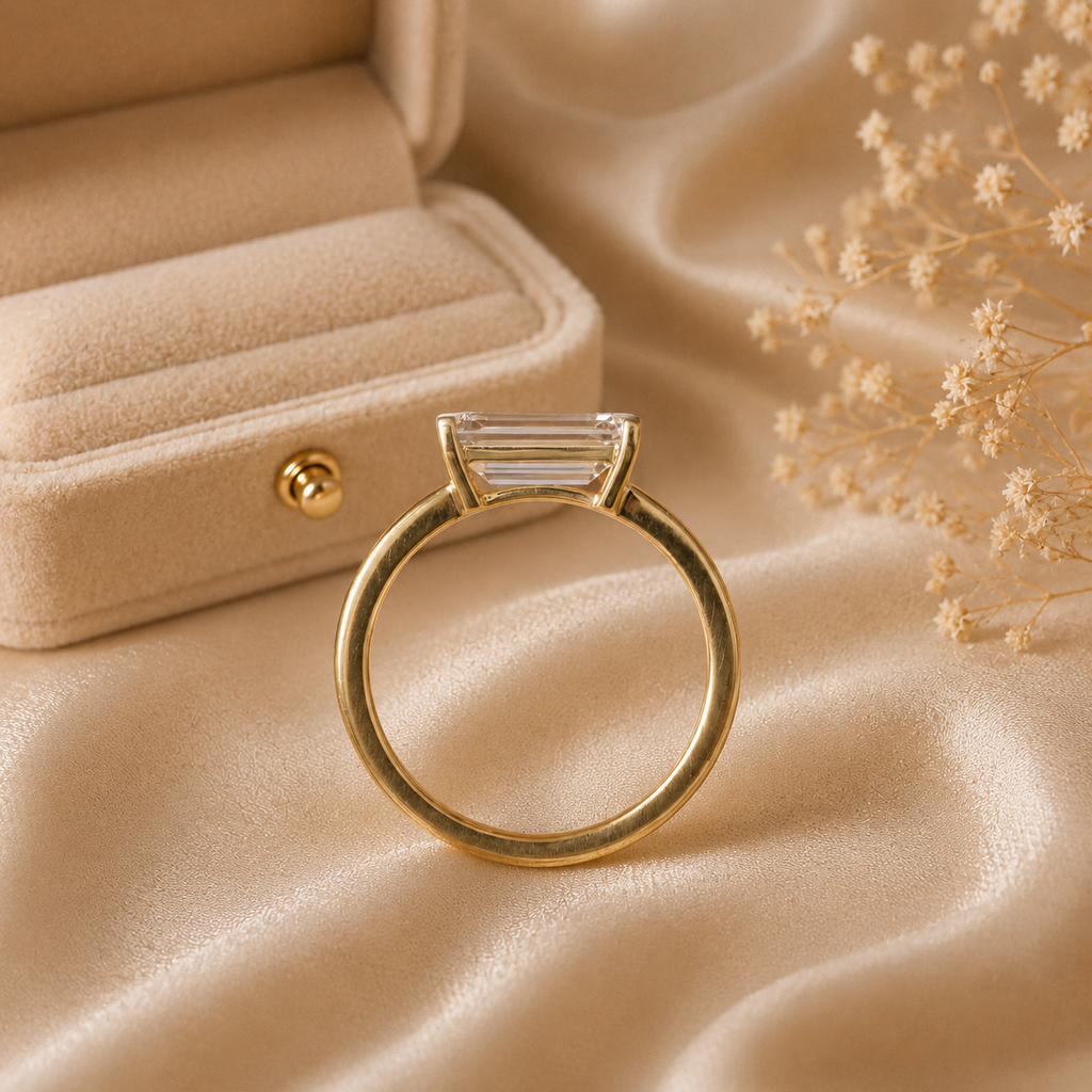 East West Baguette Diamond Ring, Baguette Lab Grown Diamond Ring, Minimalist Engagement Ring, Solitaire Diamond Ring, Modern Gold Ring
