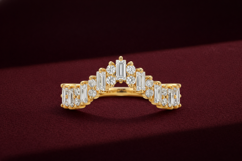 Chevron Diamond Band 1.35 Carat, Mixed Shape Diamond Band, V Shaped Wedding Band, Baguette and Round Diamond Ring, Stackable Gold Band