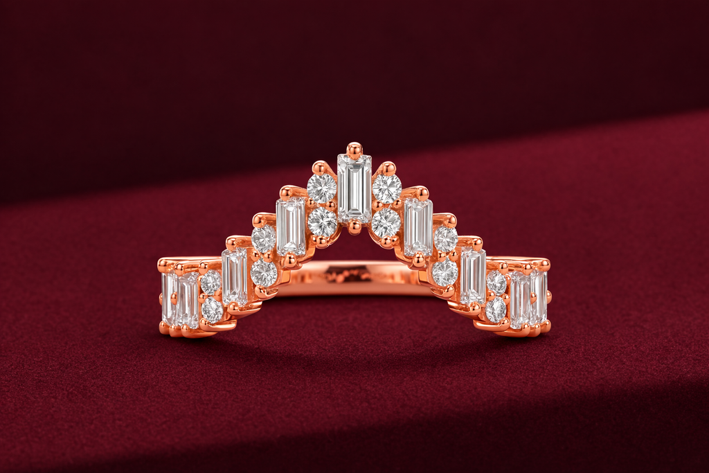 Chevron Diamond Band 1.35 Carat, Mixed Shape Diamond Band, V Shaped Wedding Band, Baguette and Round Diamond Ring, Stackable Gold Band