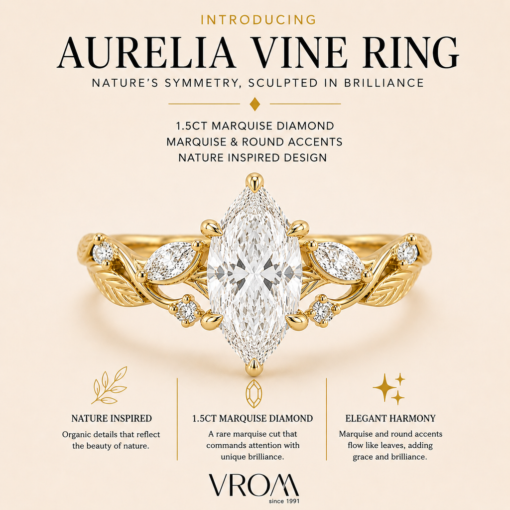 Marquise Diamond Nature Inspired Ring, Marquise Lab Grown Diamond Ring, Floral Diamond Engagement Ring, Leaf Inspired Gold Ring, Unique Ring