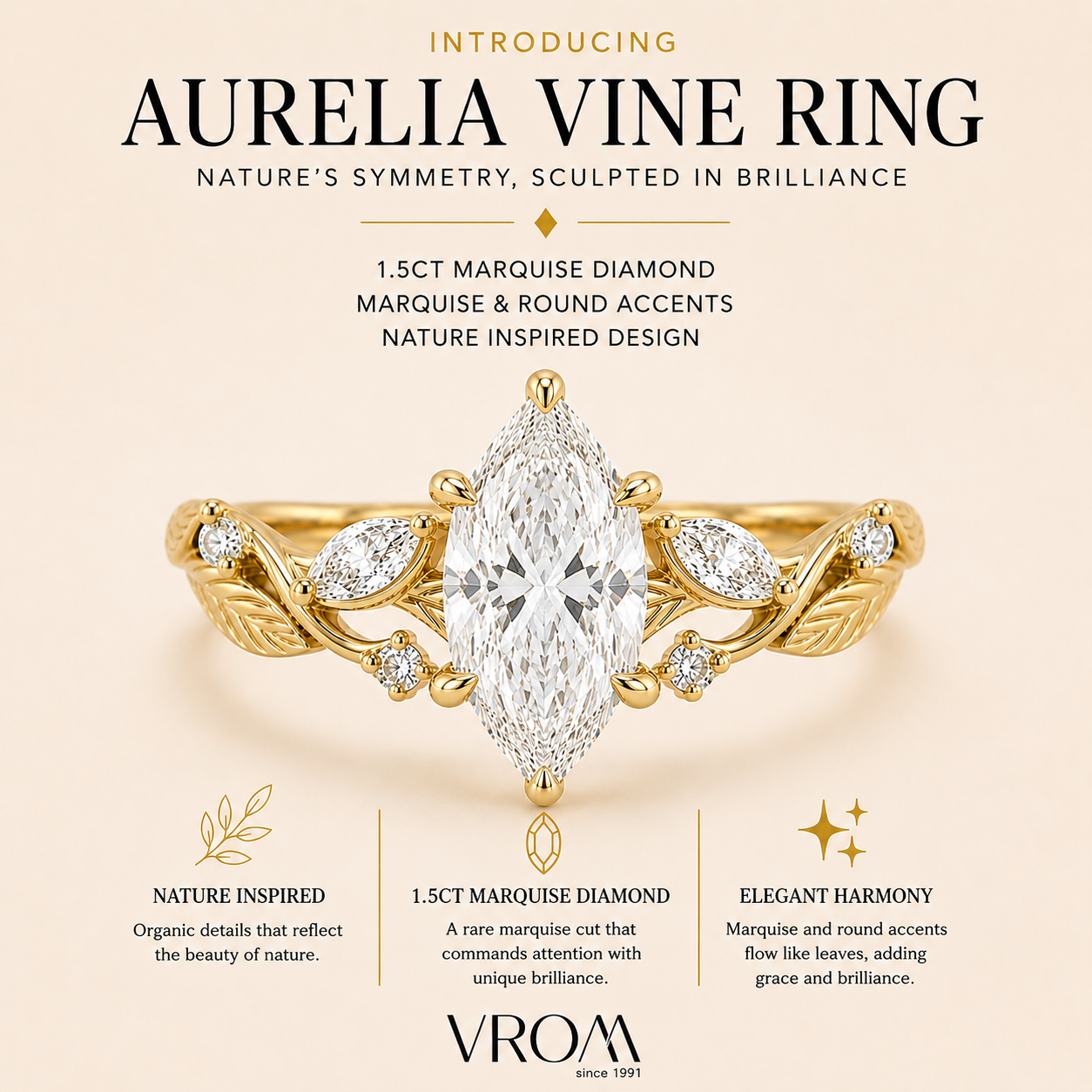 Marquise Diamond Nature Inspired Ring, Marquise Lab Grown Diamond Ring, Floral Diamond Engagement Ring, Leaf Inspired Gold Ring, Unique Ring
