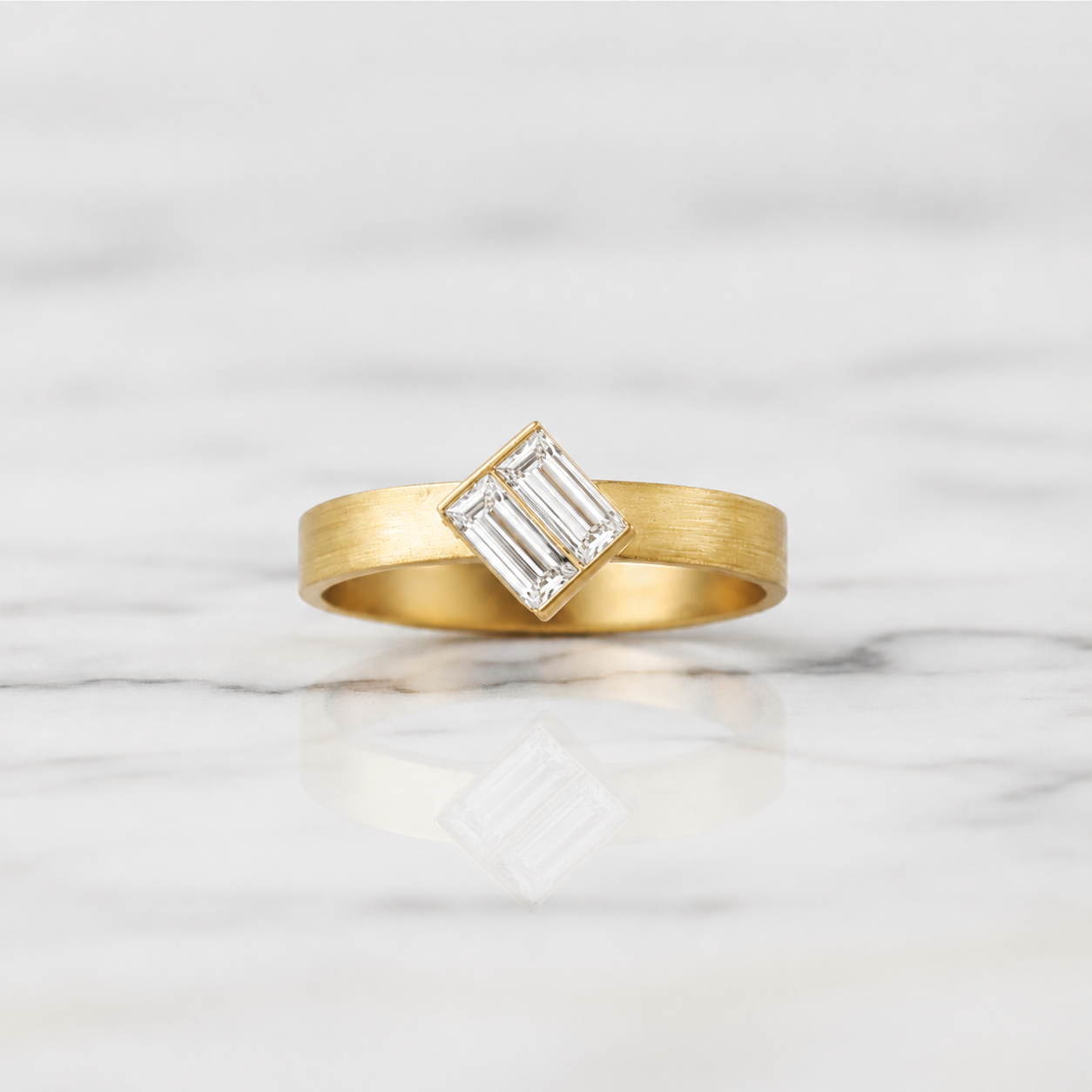 Baguillion Cut Diamond Ring Modern Matte Semi Bezel | Lab Grown Diamond | 14K Yellow Gold