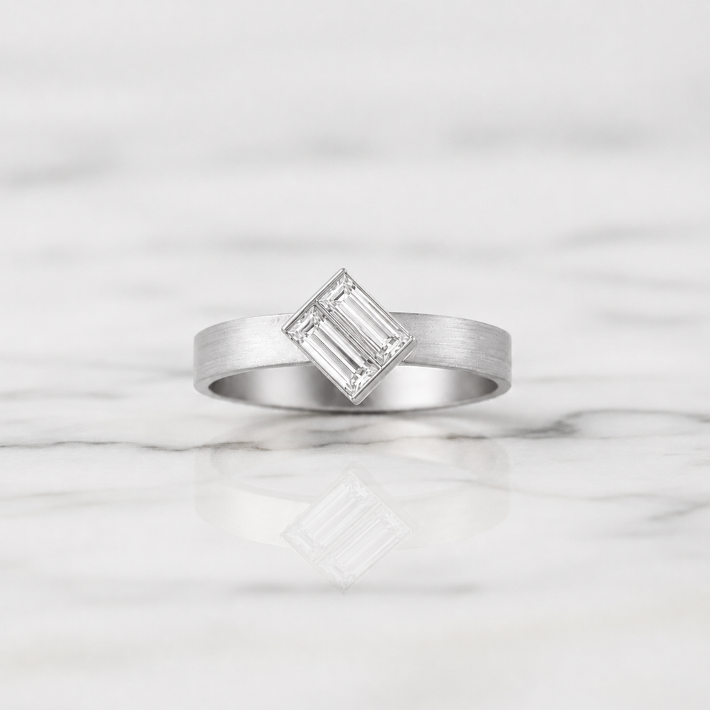 Baguillion Cut Diamond Ring Modern Matte Semi Bezel | Lab Grown Diamond | 14K Yellow Gold
