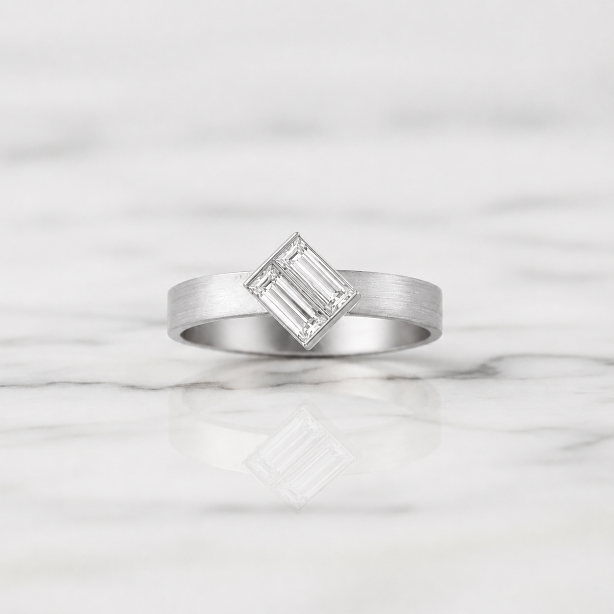 Baguillion Cut Diamond Ring Modern Matte Semi Bezel | Lab Grown Diamond | 14K Yellow Gold
