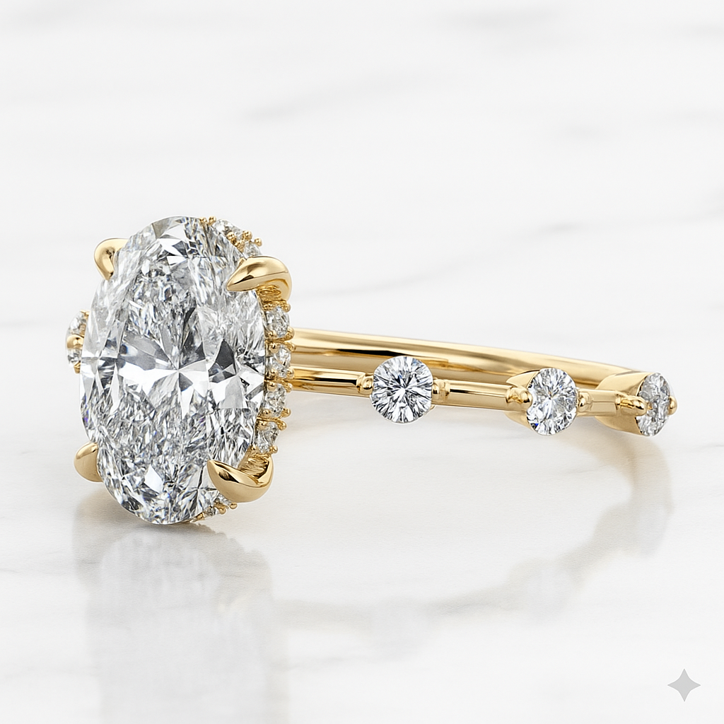 Oval Engagement Ring | Lab Grown Diamond | Hidden Halo | 14K Yellow Gold