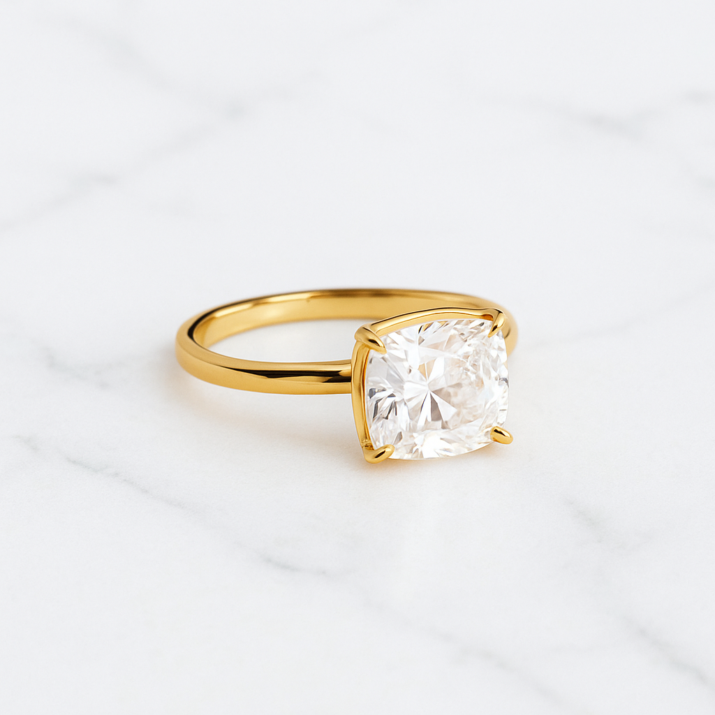 East West Cushion Engagement Ring | Lab Grown Diamond | Prong Setting | 14K Gold