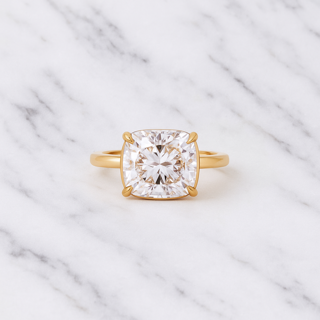East West Cushion Engagement Ring | Lab Grown Diamond | Prong Setting | 14K Gold