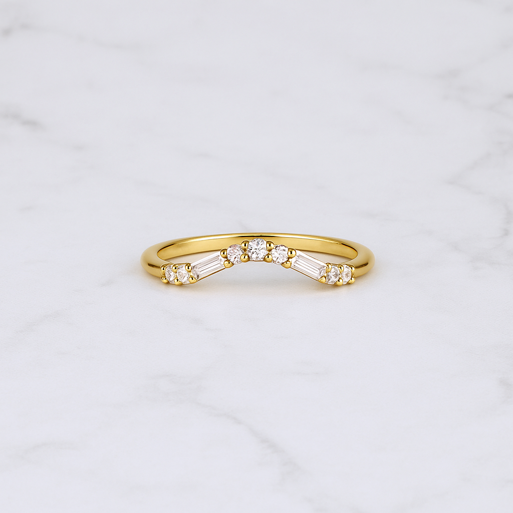 Curved Wedding Band | Lab Grown Diamond | Baguette & Round Stones | 14K Yellow Gold