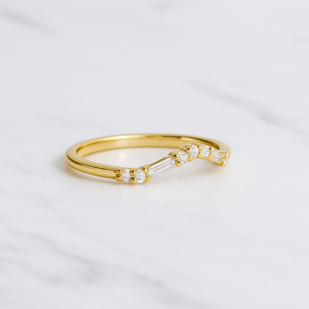 Curved Wedding Band | Lab Grown Diamond | Baguette & Round Stones | 14K Yellow Gold