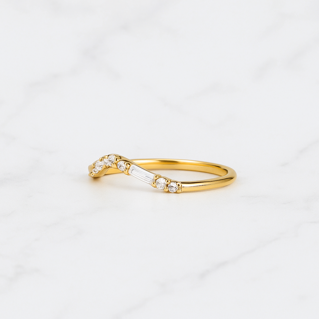 Curved Wedding Band | Lab Grown Diamond | Baguette & Round Stones | 14K Yellow Gold
